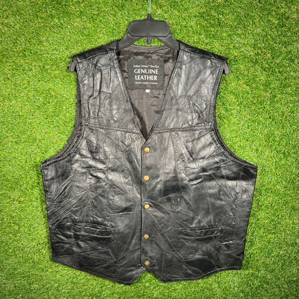 Italian Stone Design Navarre Black Genuine Leather Patchwork Biker Vest XL